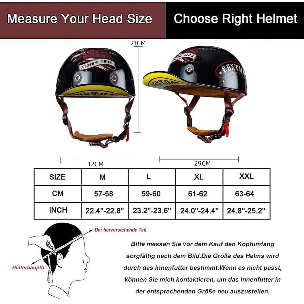 Halbschalenhelm Mit ECE-Zulassung Vintage Motorradhelm Baseball Cap Cruiser Chopper Scooter Helm Herren Retro Motorrad Halbhelm Damen Mofa Helm(9,M(57~58CM))