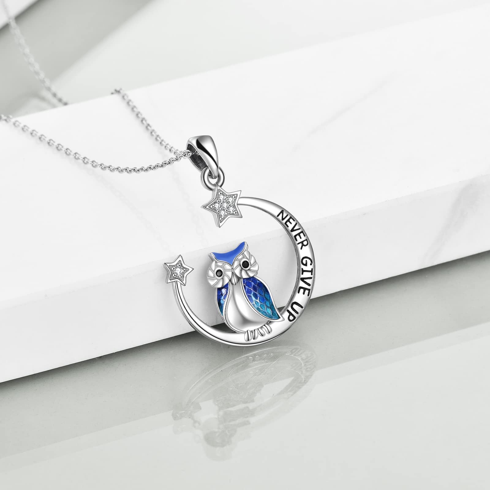 YFN Owl eulen Halskette Inspirierender Schmuck Sterling Silber Geben Sie niemals auf Eulengeschenke Moon Star Halskette für Frauen Girlsr (Blue)