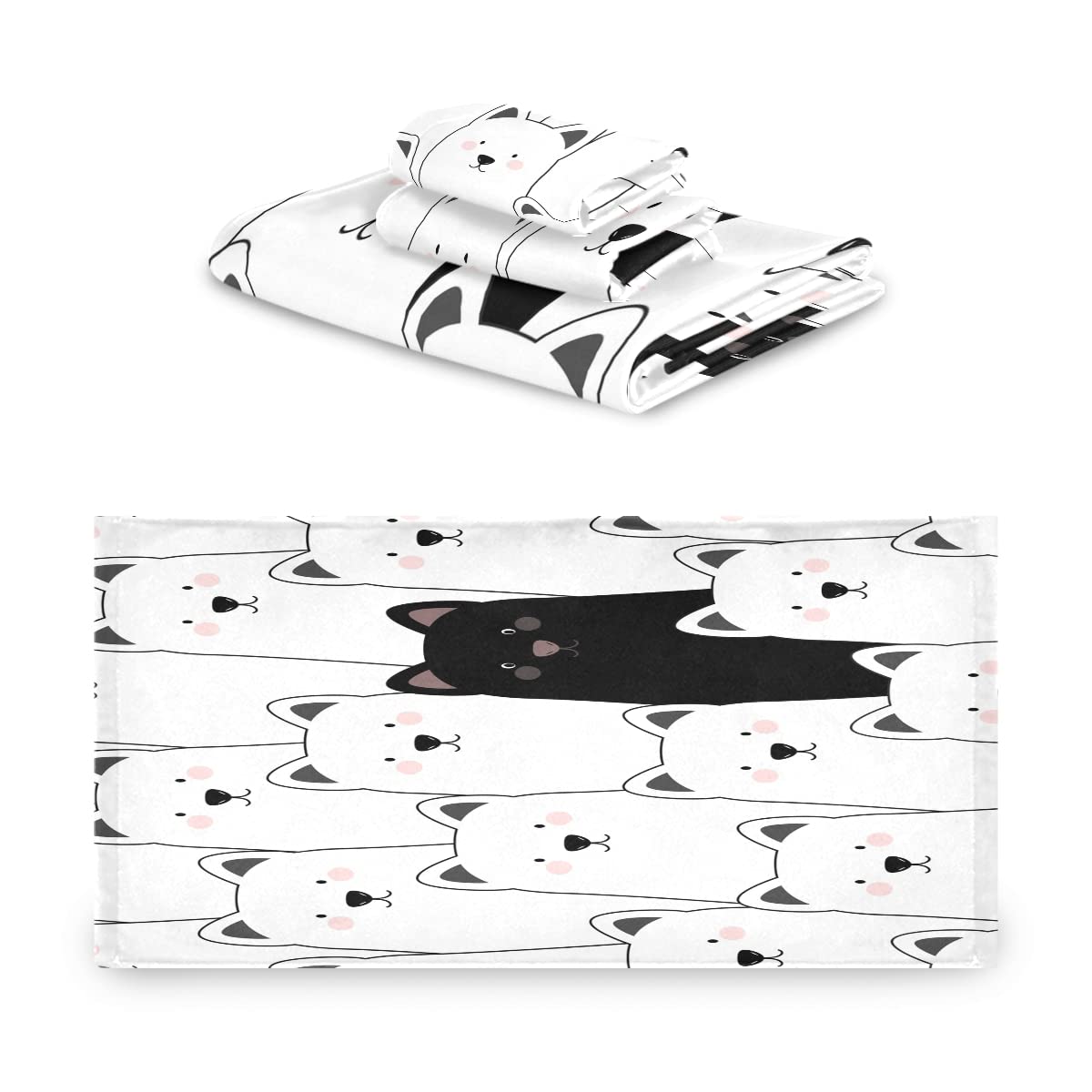 Vnurnrn Negro Blanco Gatito Perro Cat Juego de Toallas para Baño Playa Toalla (1 Toalla de Baño y 1 Toalla de Mano y 1 Paño de Lavado) para Nadar Niñas Niños