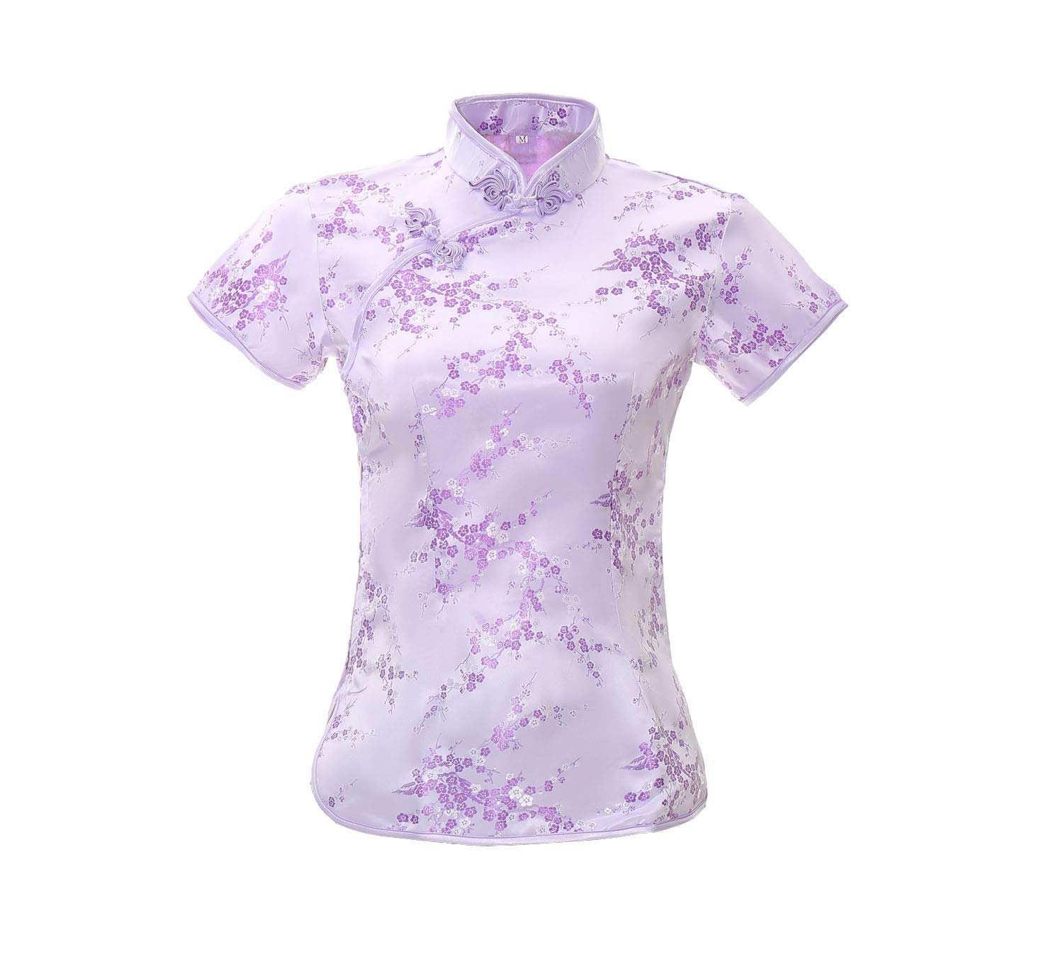 ACVIP Women's Plum Blossom Brocade Qipao Top Stand Collar Short Sleeve Chinese Shirt Blouse (UK 14/Chinese 2XL, Lilac)