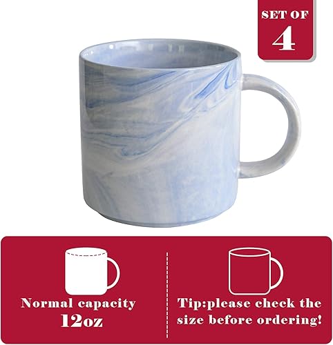 Miniatura 2 de Yundu Juego de 4 tazas de café de cerámica de mármol azul de 12 onzas, juego de tazas para beber, tazas de café apilables con asa, taza apta para