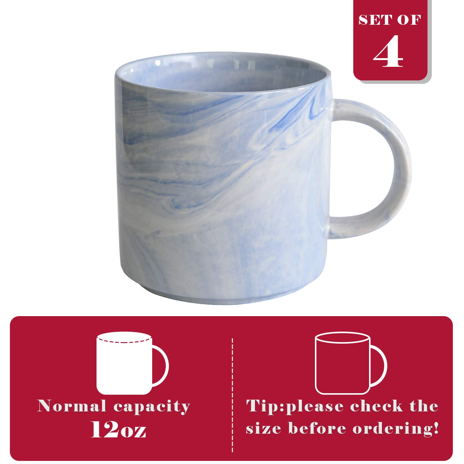 Yundu Kaffeebecher-Set, stapelbare Latte-Tassen mit Griff, mikrowellen- und spülmaschinenfest, 340 ml, 4 Stück, Blau