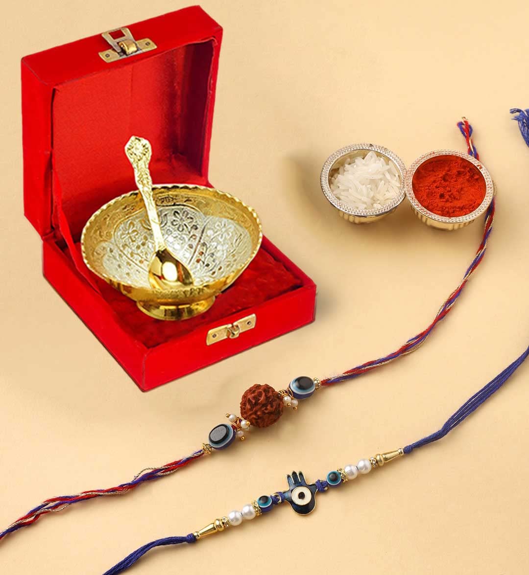 Premium Evil Eye Rakhi Gifts For Brother And Bhabhi With Gifts | Kundan And pearl Rakhi | Bhaiya Bhabhi Rakhi Family Combo Gift Silver Plated Bowl Set Handmade Matching Colors Rakhi With Roli Chawal for Bro/Brother/Bhaiya/Bhai (B0B72F7VRB) Amazon Price History, Amazon Price Tracker