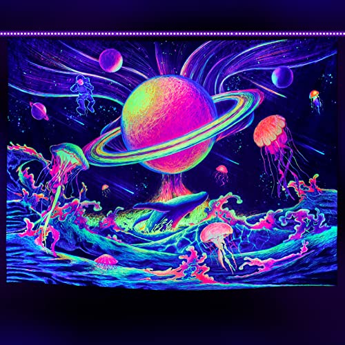 Maccyafst Blacklight Planet Galaxy Tapestry Fantasy Jellyfish Tapestry Uv Reactive Japanese Ocean Wave Wall Tapestry Mysterious Neon Universe Wall Hanging For Room Backdrop #TOP2