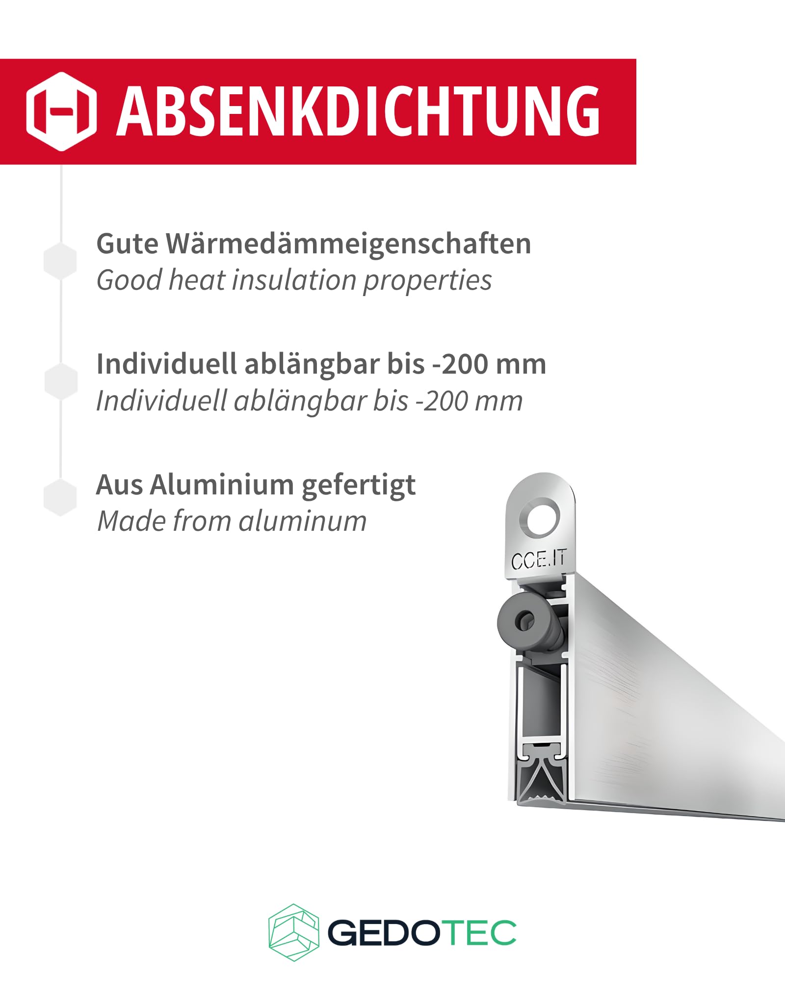 Gedotec Opuszczana uszczelka podłogowa | 1 sztuka uszczelki drzwi 12 x 40 mm | kwadratowa | długość 1030 mm – możliwość skrócenia | uszczelka obniżająca do drzwi | uszczelka podłogowa drzwi | ochrona