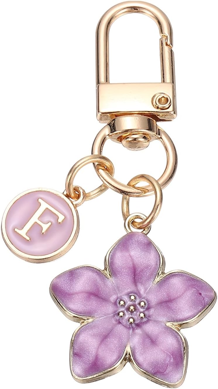 Flower Initial Keychain, Letter Keychain Charm Graceful Flower with Letter D for Women Pendant Key Wallet Handbag Backpack Bag Accessories