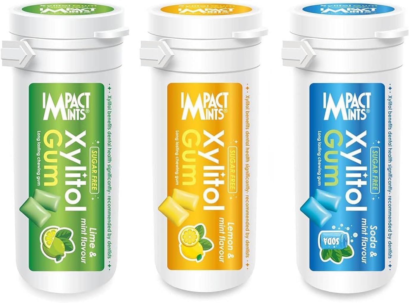 "IMPACTMINTS" Sugar Free Xylitol Chewing Gum Assorted Flavour - Lemon, Lime & Soda (Pack of 3, 30g Each)