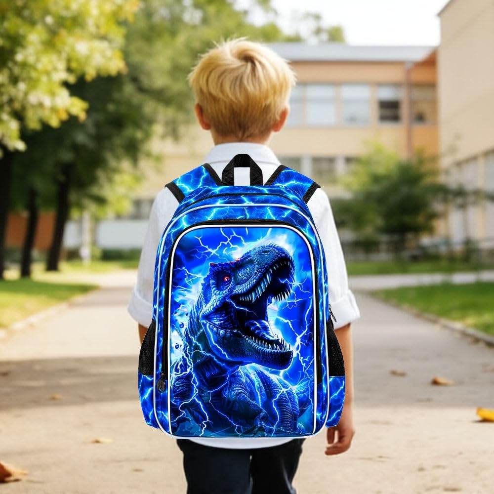 5PCS Kids Carry on Luggage Set, Airline-Approved Suitcases with 360° Spinner Wheels, Cute Travel Suitcase for Boys & Toddlers - Lightning T-Rex Blue