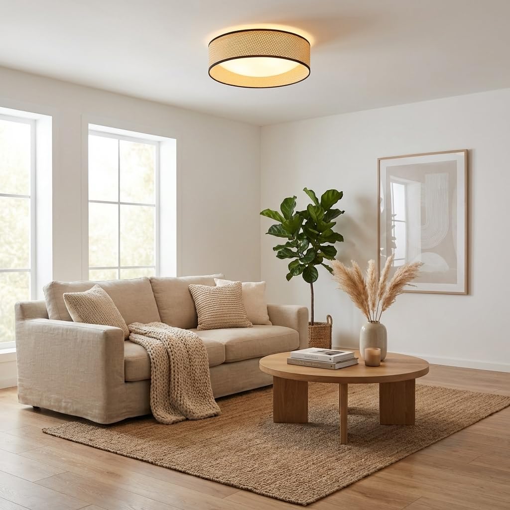 Alpinaluz Plafonnier LED Rond de Plafond 30W CCT 3000K-6000K Abat-jour Tressé en Rotin Naturel Ø40 cm Style Nordique Bohème Éclairage Décoratif pour Salon Chambre Salle à Manger