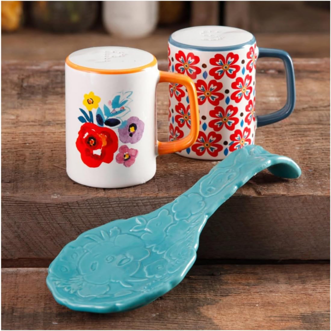 Spoon Rest & Salt and Pepper Set, 3 Pieces – Turquoise Floral