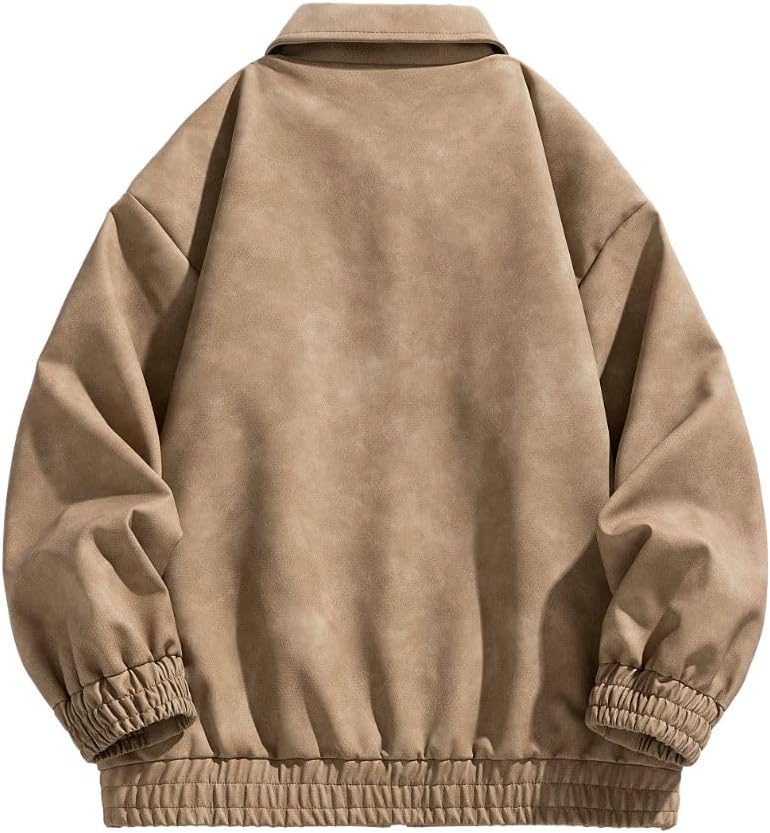 Men's Women's Suede Bomber Jacket Oversized Retro Streetwear Zip Up Faux Leather Coat with Turn Down Collar