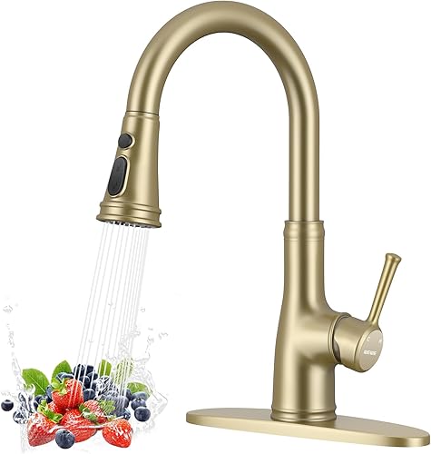 Miniatura 15 de WEWE Grifo de cocina de oro cepillado con rociador desplegable RV grifo de cocina de latón de acero inoxidable de una sola manija con placa