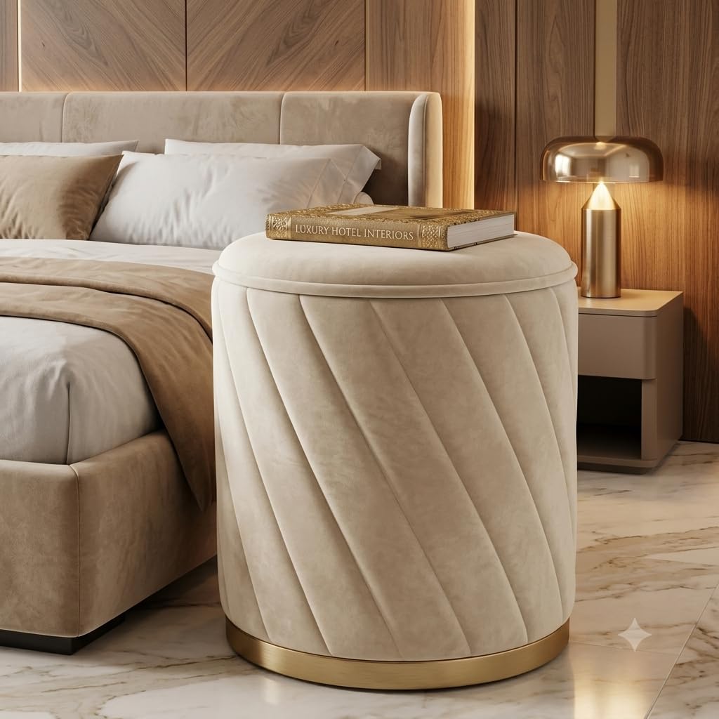 Round, Contemporary, Padded Ottoman Foot Rest Vanity Stool with Gold Metal Legs Made of Flannel for use in bedrooms and Living Rooms Rest Your Grand Parents feet with This Comfy Ottoman-image-47