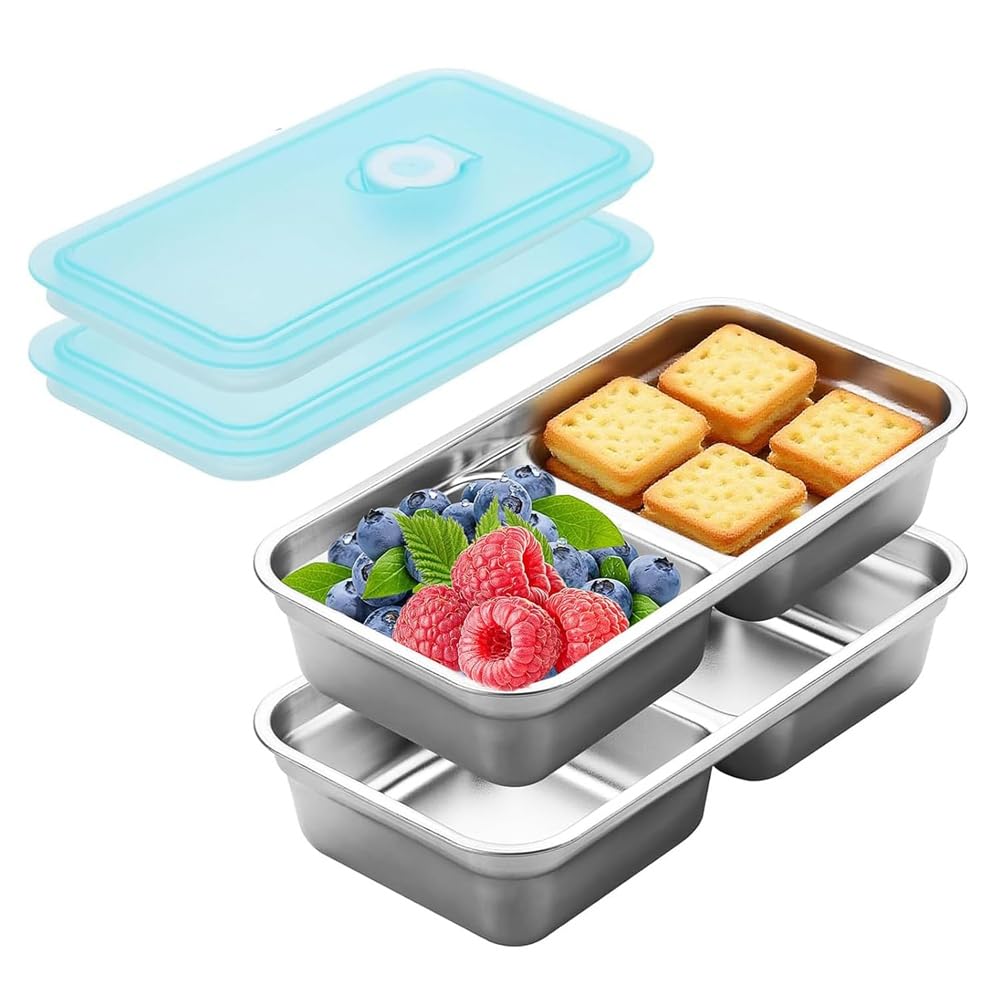 IJSDNVJNDX Reusable Stainless Steel Snack Containers 2 Compartments with Lids Food Storage for School, Travel, Outdoor Activity