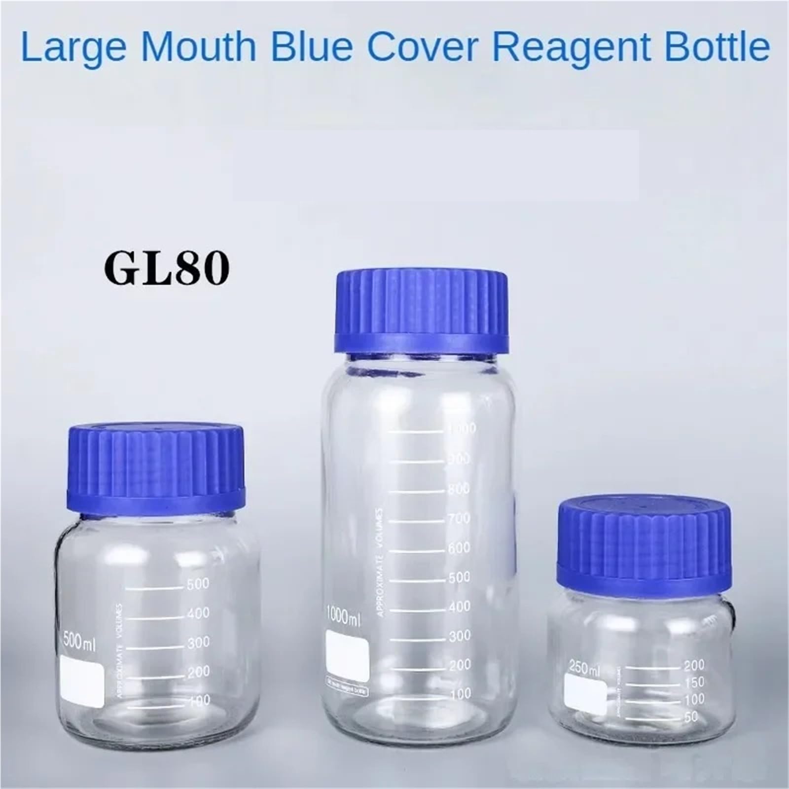GL80 GL70 Botella de reactivo de boca grande transparente con tapa azul, botella de vidrio for muestra química, botella sellada de boca ancha con escala(GL80 1000ML)