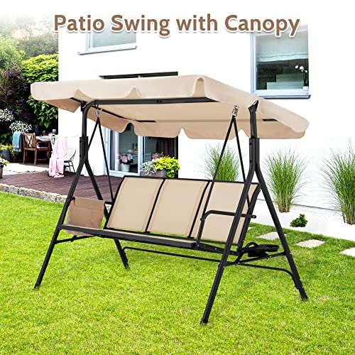 Haddockway 3-Seater Outdoor Adjustable Canopy Swing Chair,Porch Swing With Stand,Armrests,Textilene Fabric,Steel Frame,Patio Swing With Canopy For Garden,Backyard,Balcony,Poolside (Beige) #TOP4