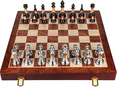 Chess Sets for Adults Kids with Zinc Alloy Chess Pieces & Portable Folding Wooden Chess Board Travel Chess Set Board Game Gift