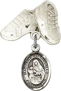 Sterling Silver Baby Badge with St. Madonna Del Ghisallo Charm and Baby Boots Pin 1 X 5/8 inches