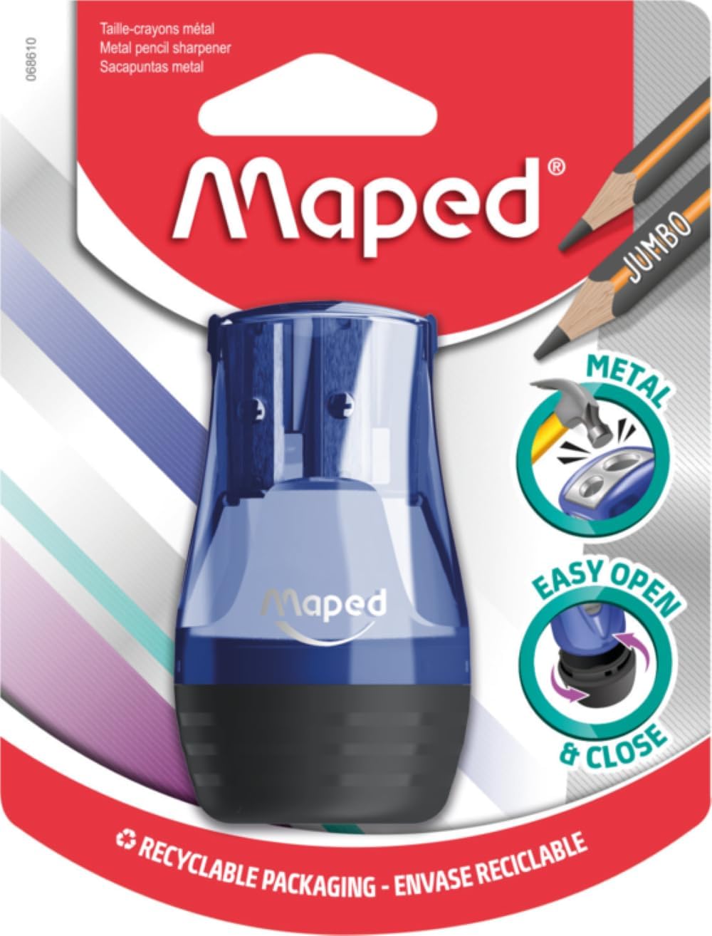 Maped - High-Quality Pencil Sharpener Tonic for 2 Pen Sizes Including Collection Box - for Thin Pencils Ø < 8 mm/for Thick Pencils Ø < 11 mm - Random delivery of Colours: Green, Blue, Pink