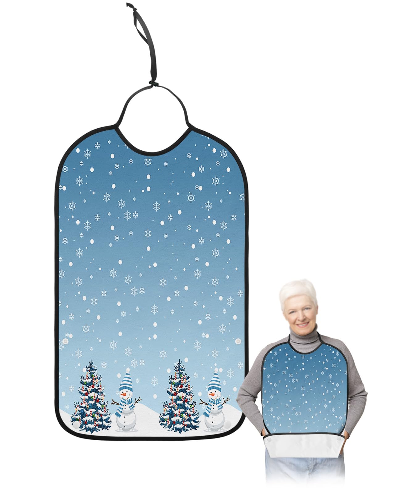 LEOKOTI Navy Blue Snowman Christmas Adult Bibs for Eating, Waterproof Bibs with Food Catcher & Adjustable Snap Closure, Winter Snowflake Xmas Tree Washable Clothing Protectors Adult Bibs for Elderly
