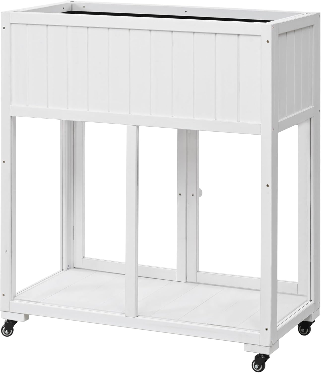 Mini Wood Cold Frame Greenhouse, Compact Garden Greenhouse with Two Doors and Wheels, Raised Planter Bed with Liner for Indoor Outdoor Use, White 35.4"x17.7"x37.4"
