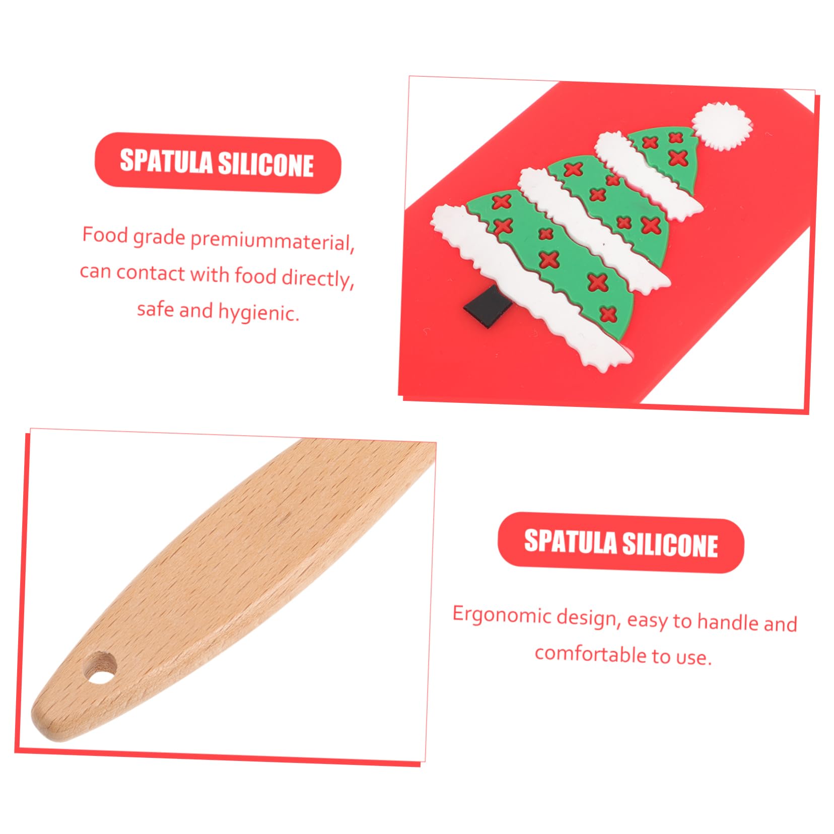 CIYODO Holiday Pancake Spatula Christmas Theme Silicone Baking Tool Wooden Handle Red Christmas Tree Design
