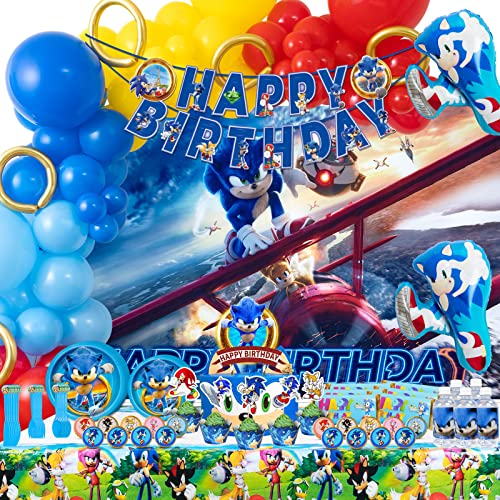 NITELUO Sonic 2 Birthday Party Supplies,188pcs Birthday Party Decorations Include Sonic Backdrop,Happy Birthday Assorted Colors