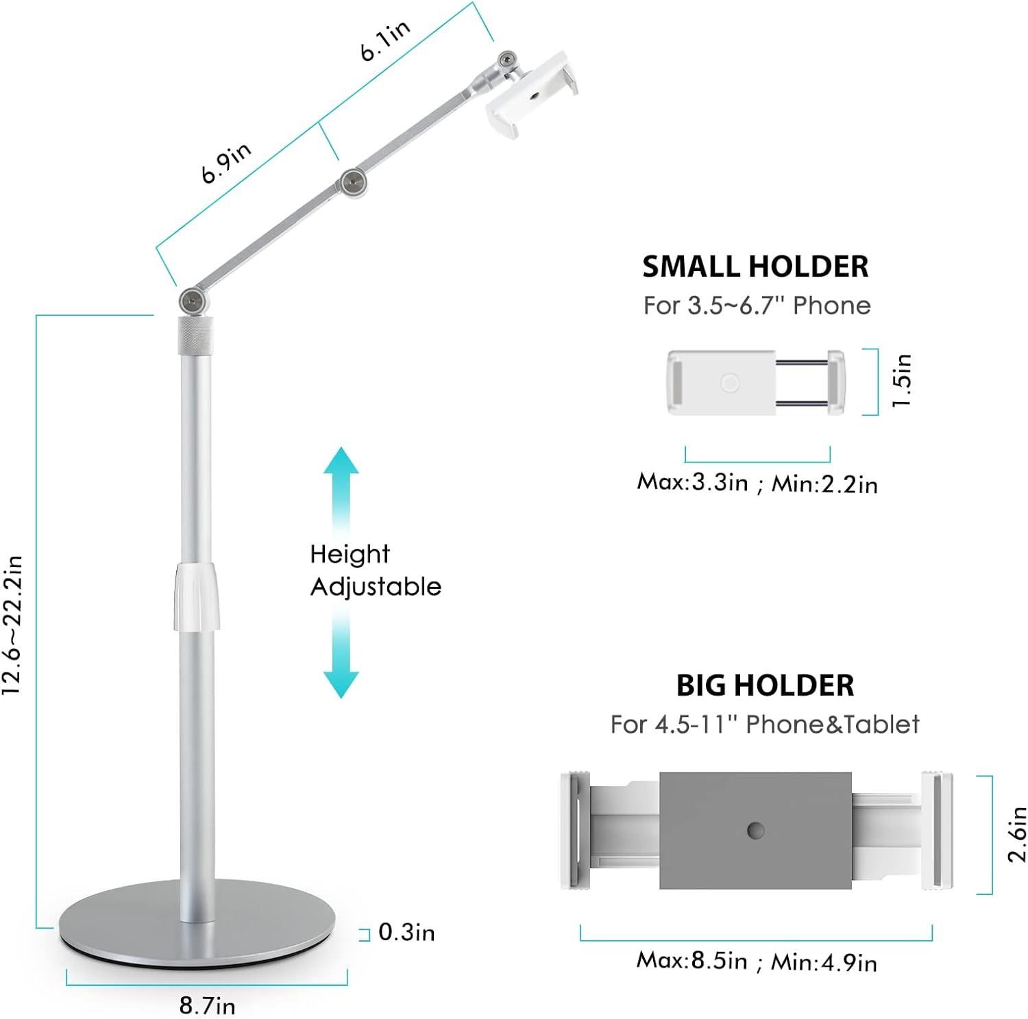Viozon Tablet Phone Overhead Stand, Height & 360 Degree Angle Adjustable, Aluminum Desktop Stand, Compatible with 3.5-11" Cellphone or Tablet Such as iPhone iPad Pro Air Mini, Samsung, Nexus(AP-4PS)