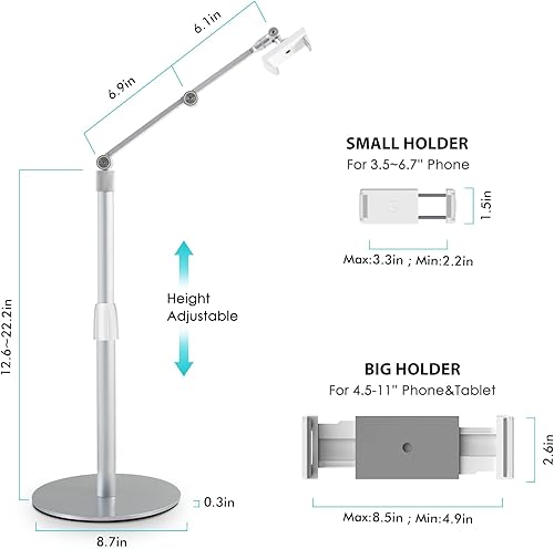 Miniatura 4 de Viozon Soporte superior para teléfono tableta, altura y ángulo de 360 grados ajustable, soporte de escritorio de aluminio, compatible con teléfono