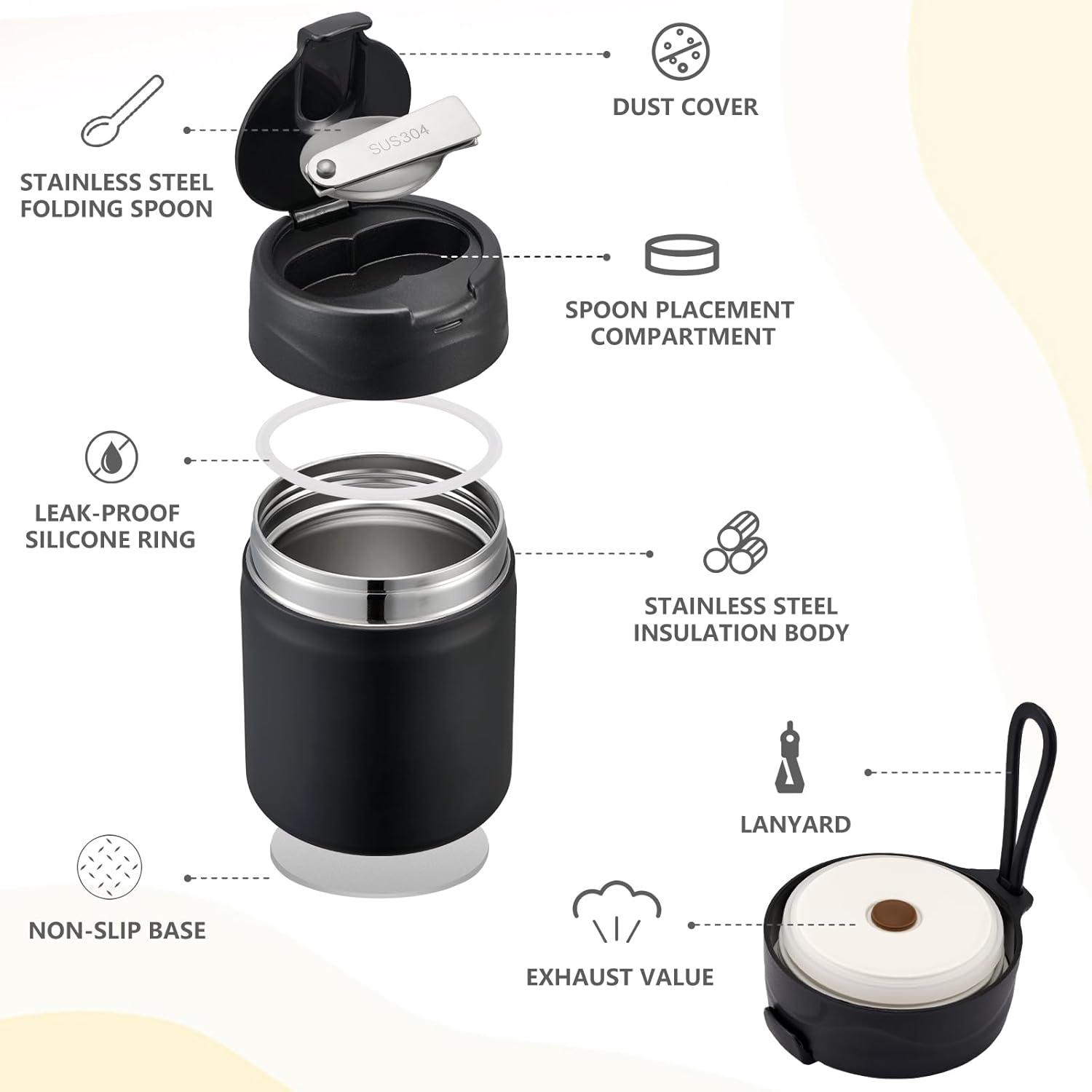 17oz Soup Thermo for Hot Food Kids Insulated Vacuum Food Jar with Stainless Steel Spoon Wide Mouth Thermo Leakproof Lunch Food Container Kids Hot Lunch Box (Black) - Image 2