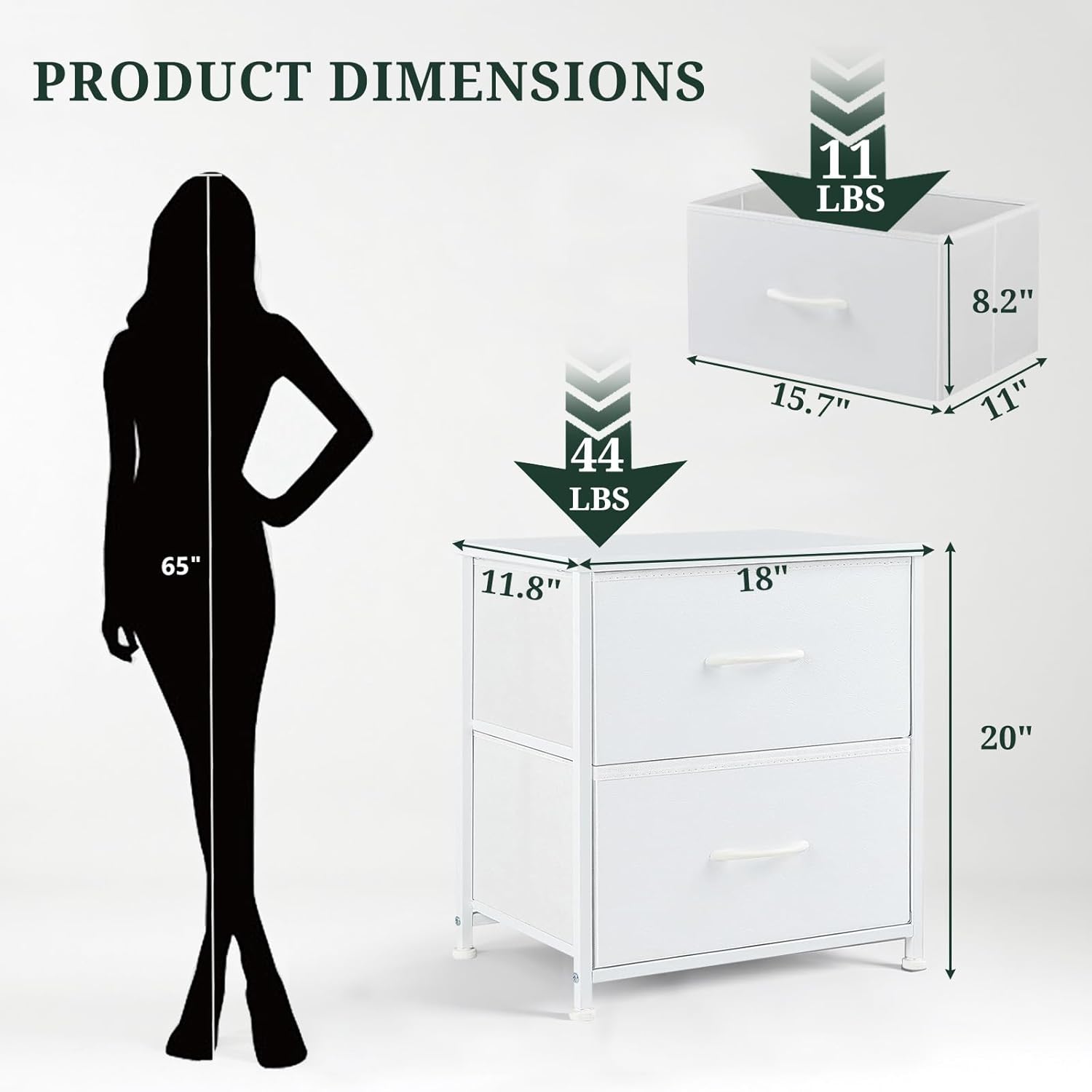 Nightstand Set of 2, Small 2 Drawer Dresser End Table Bedside Furniture, Wooden Top Fabric Bins for Bedroom, Closet, Entryway, Dorm, 11.8" D x 18" W x 20", White