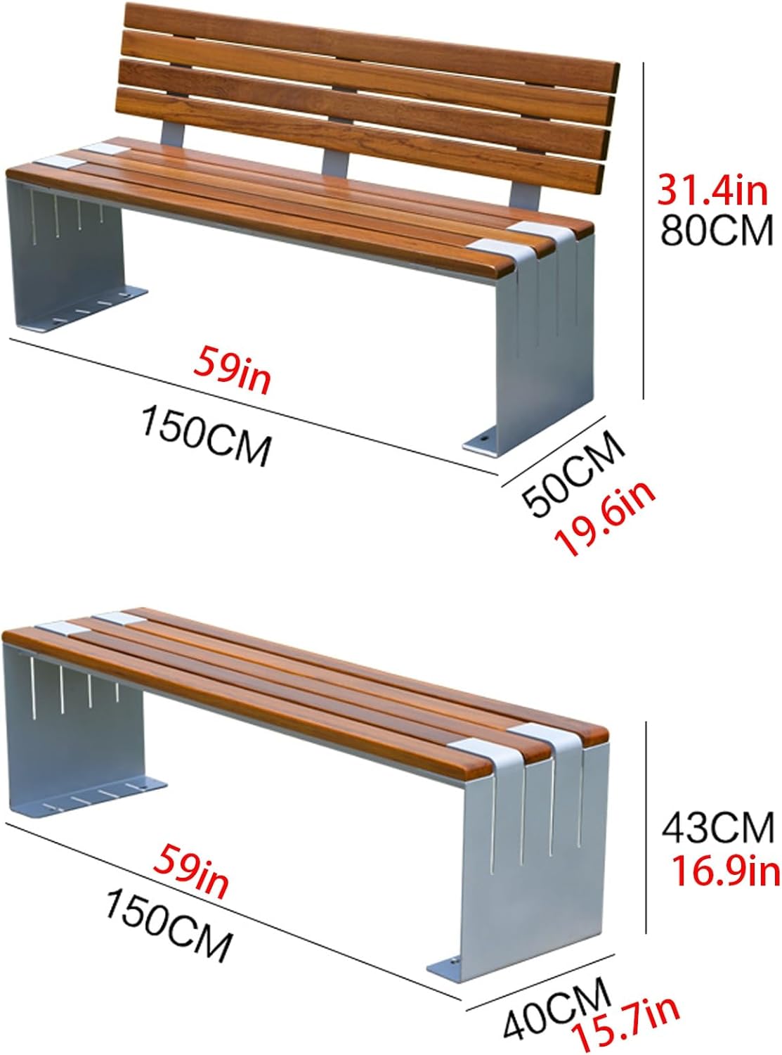 Outdoor Bench, All-Weather Garden Bench, Metal Bench with Backrest, Park Patio Bench, 2-Person Patio Decor Seating, for Outdoors Park, Lawn(Brown B)