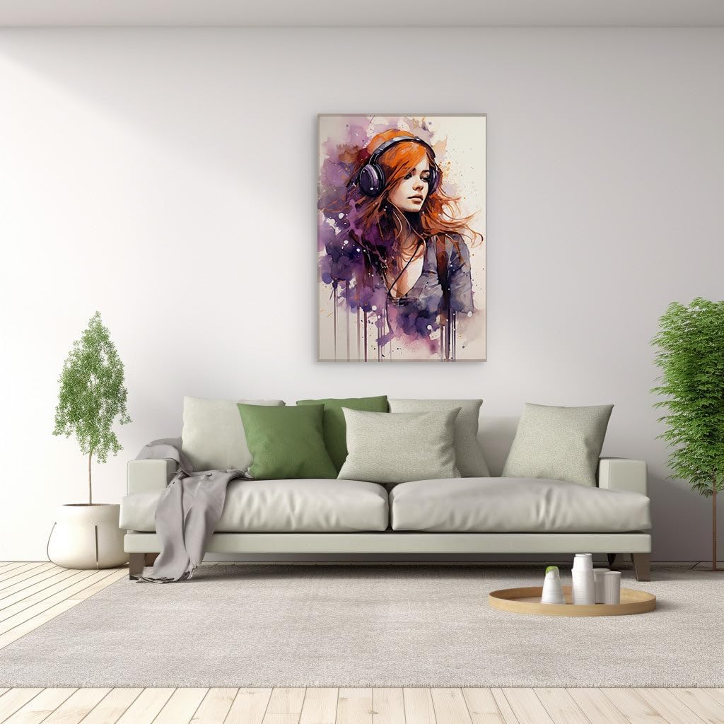 Canvas for Living room. Whispers of Color: A Vivid Portrait of the Red-Haired Girl in a Musical Maelstrom, 27 x 18 inch Canvas Wall Art - Ready to Hang - 69x46 cm (27x18 inch)