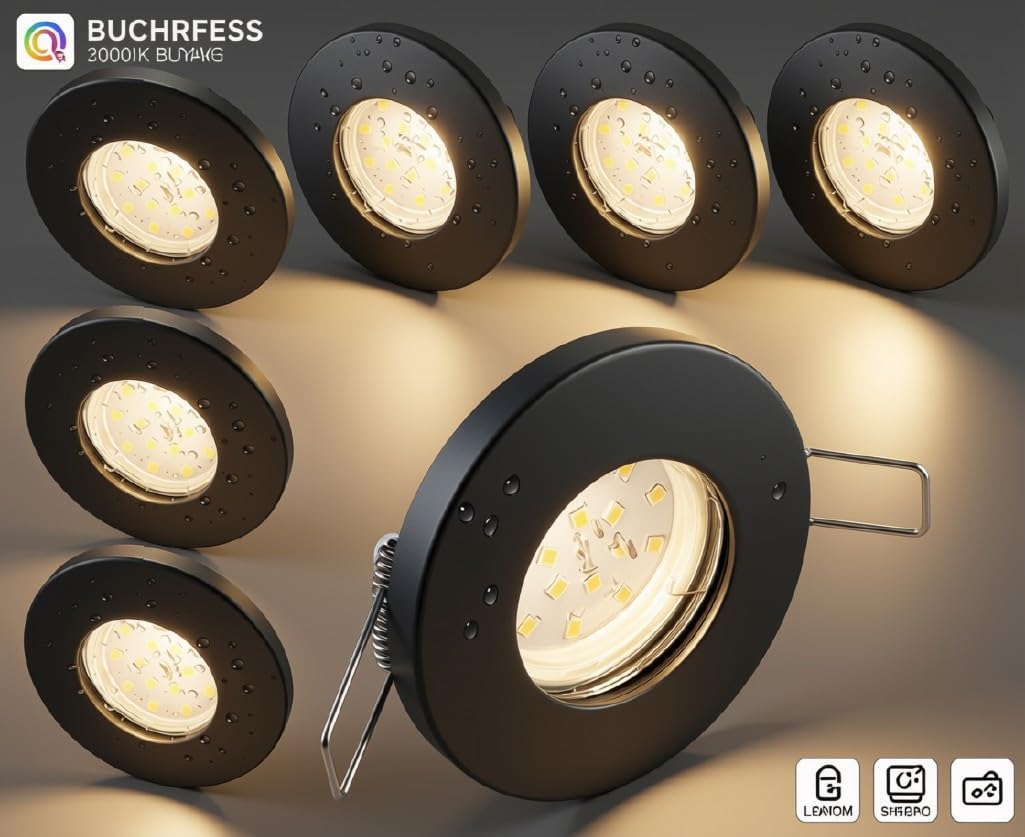 Trango Lot de 6 spots LED encastrables 6729IP65-061MOSD IP65 - Anthracite mat - Avec 6 x 5 W - 3 niveaux d'intensité variable - 3000 K - Blanc chaud Ultra plat - Module LED de douche, de salle de bain