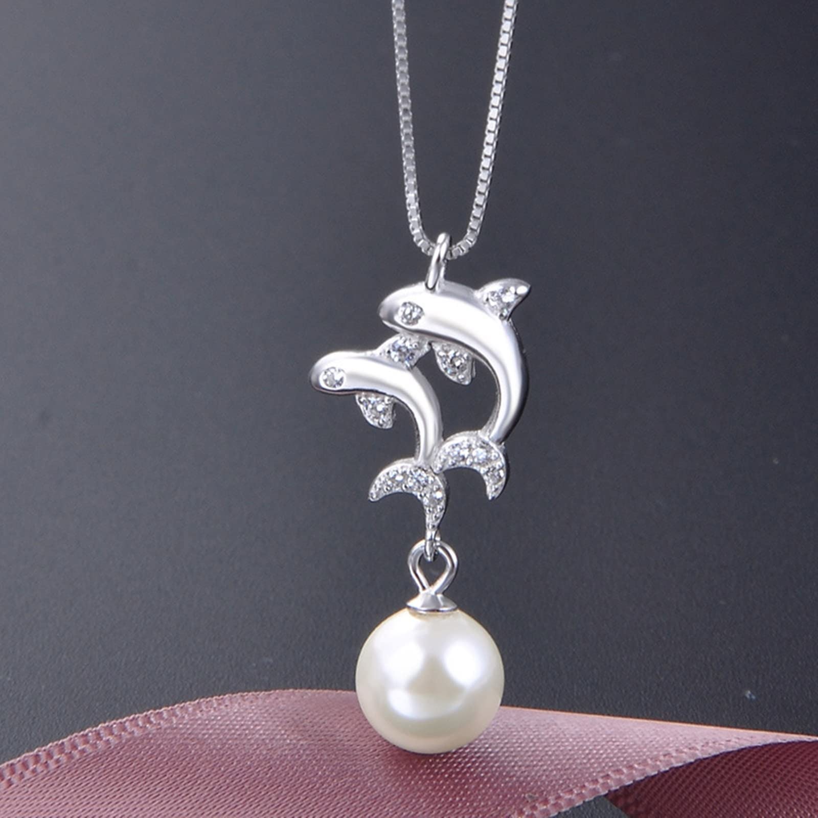 HLTYGWX Halskette aus 925er-Silber, Delfin-Halskette für Damen, runde Perlen-Box-Kette aus Metall