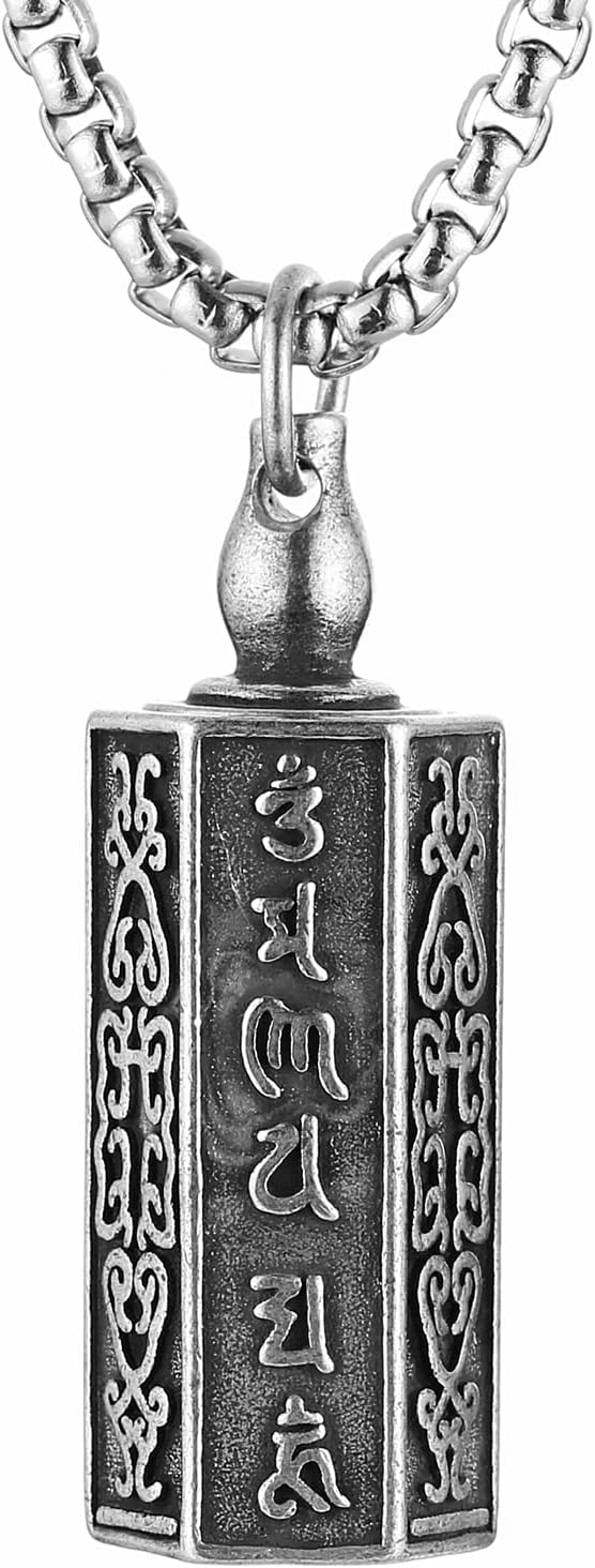 HZMAN Tibetan Buddhism Meditation Stainless Steel Pendant Commemorative Cremation Ashes Pill Cylinder Container Necklace 22+2 Inch Chain