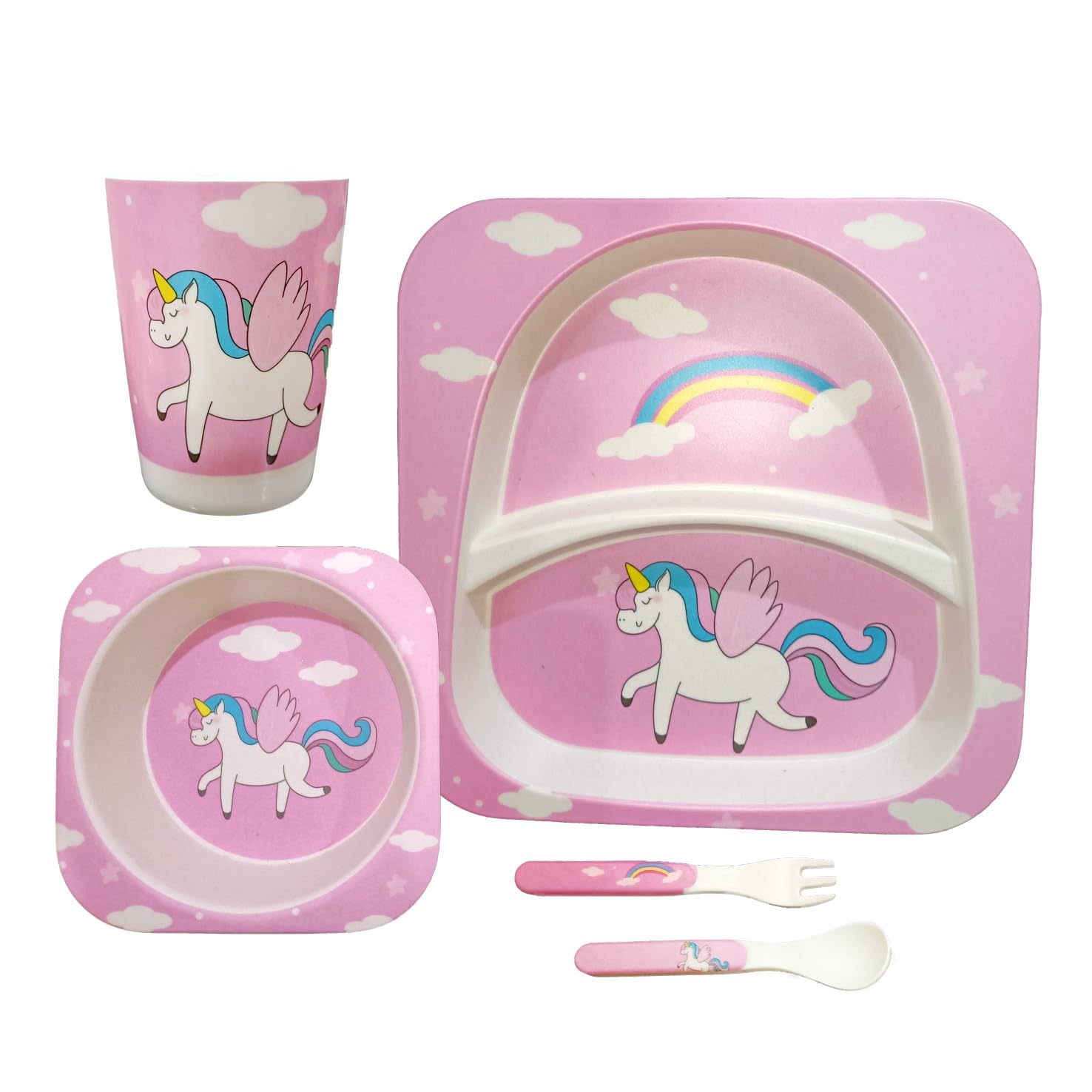 Sponsored Ad - Deepashri™ Bamboo Unicorn Tableware Kids Plate Set with Bowl Cup Fork Spoon Tableware for Baby Dinning Set Bamboo Fiber Dinner Set for Kids Utensil (Set of 5 Pieces)