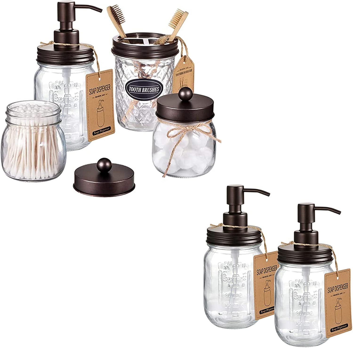 Amolliar 4PCS & 2pcs Bronze Mason Jar Bathroom Accessories Set-3pcs Lotion Soap Dispenser & 2pcs Cotton Swab Holder &1pcs Toothbrush Holder,Waterproof Stickers,Rustic Farmhouse Decor