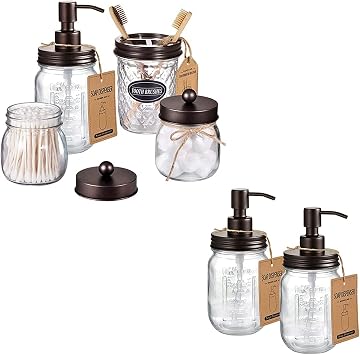 Amolliar 4PCS &amp; 2pcs البرونز الماسون جرة إكسسوارات الحمام مجموعة 3 قطع لوسيون موزع الصابون و 2 قطع القطني مسحة حامل 1 قطعة فرشاة الأسنان ، ملصقات مقاومة للماء ، ديكور مزرعة ريفي