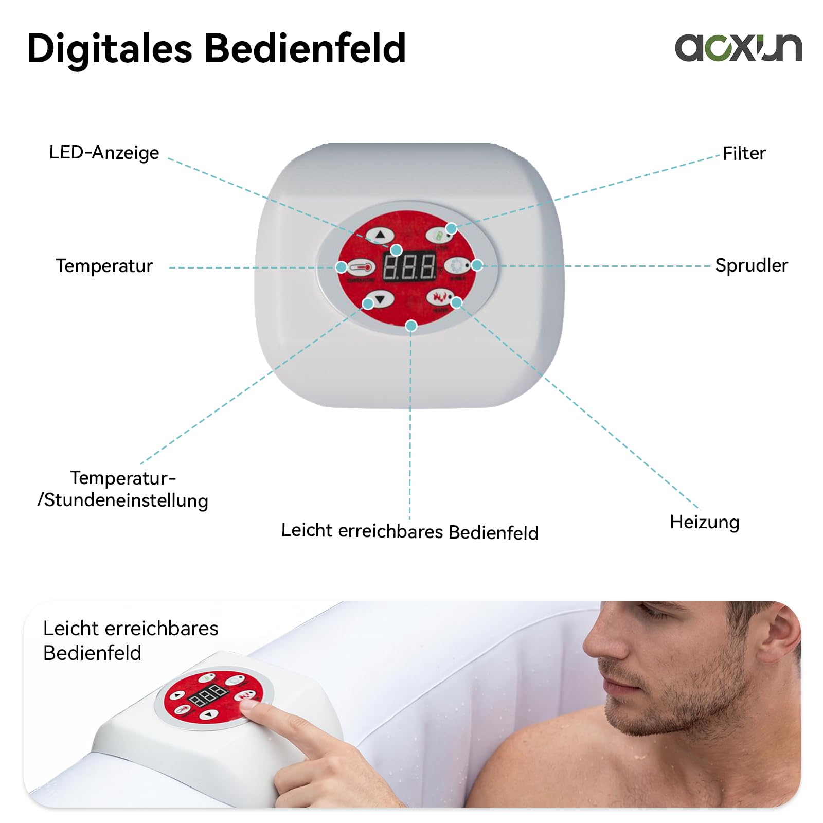 Aoxun Aufblasbarer Spa für 2-4 Personen, mobiler Whirlpool 208x208 cm mit 130 Massagedüsen, tragbare Badewanne mit 1800W Heizung, Abdeckung & Filter, für Garten Terrasse