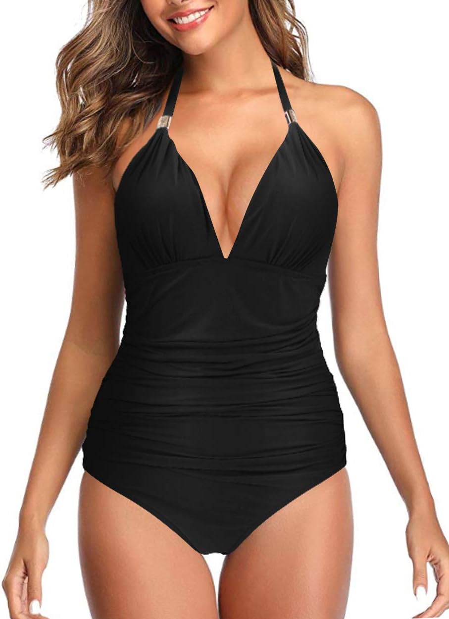 RXRXCOCO Women V Neck One Piece Swimsuits Tummy Control Ruched Swimwear Halter Bathing Suit - Image 2