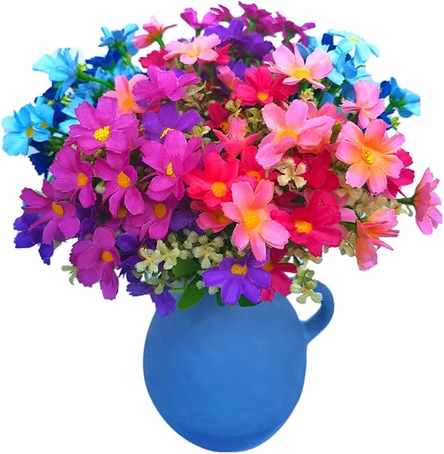 Artificial Flowers for Decoration 6 Bundles Fake Flowers Blue Silk Mums Flowers with Stems Outdoor Artificial Plants & Flowers Faux Flowers Bulk Spring Daisy Farmhouse Fake Plants for Home Decor