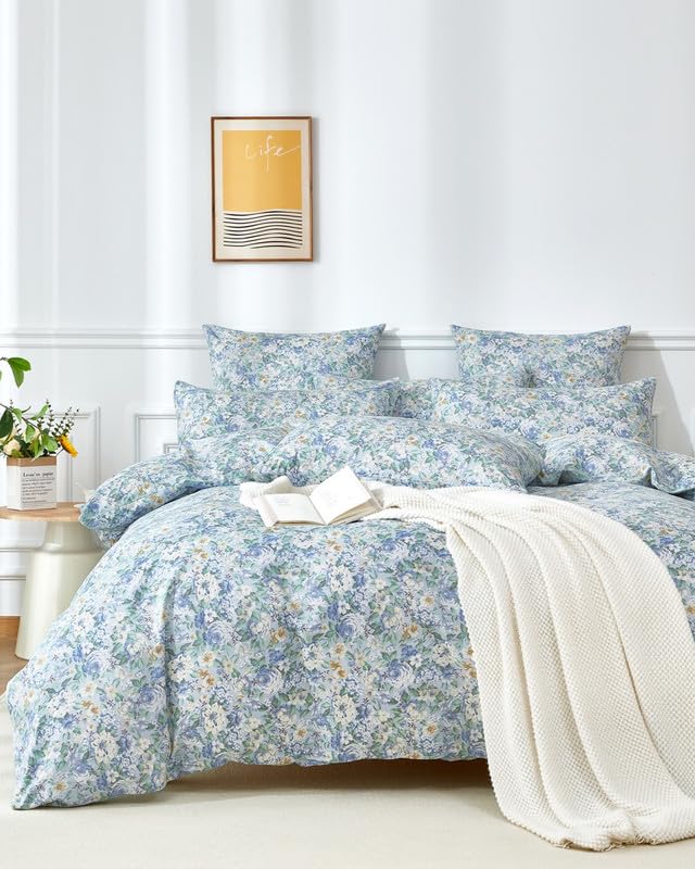 Gezu Bettwäsche Baumwolle 155x220 cm Blau Blätter Blumen Muster Pflanzen Wende Bettwäsche Set Bunt 100% Baumwolle Allergiker Blaues Ölgemälde Weich Bettwäsche mit Reißverschluss und Kissenbezug 80x80