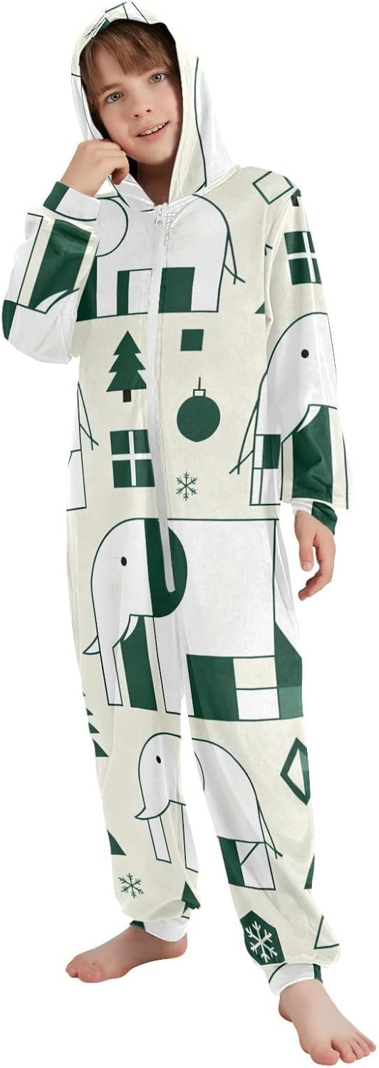 Geometric White Elephant GreenOnesie PajamasSoft Casual Hooded One-Piecing Sleeper PJSfor Christmas Home