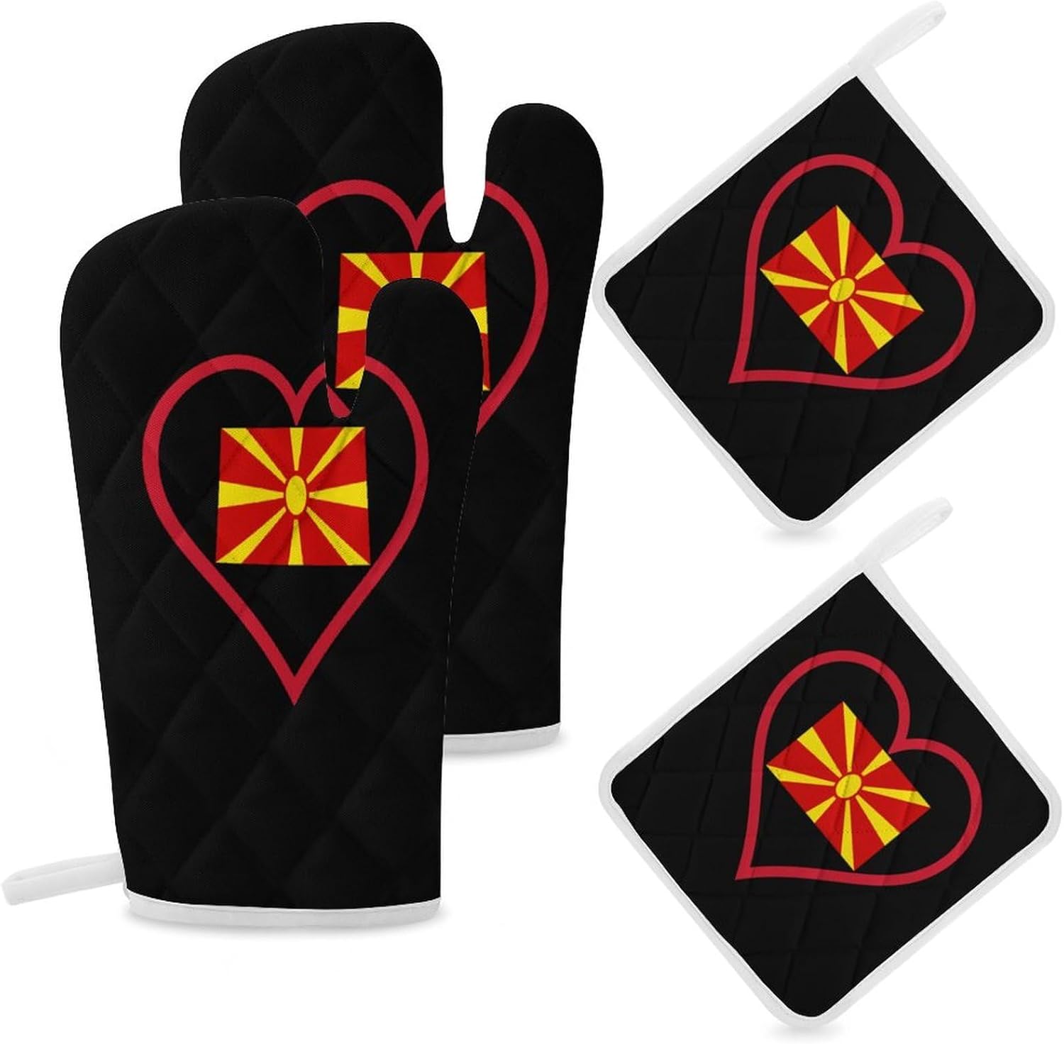 I Love Macedonian Red Heart Oven Mitts and Pot Holders 4Pcs Set Heat Resistant Cooking Mitts Hot Pads