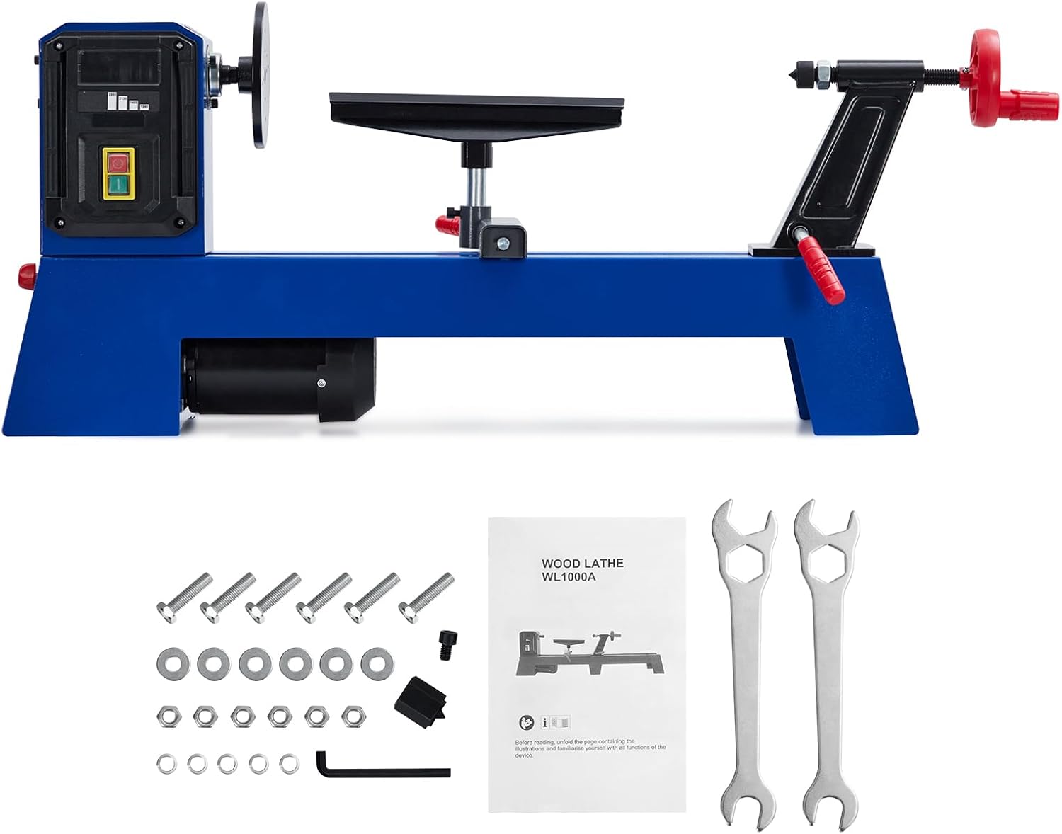 Compact 400W Benchtop Wood Lathe 14"x20" – 4 Adjustable Speeds 1040-2980 RPM, Includes Wrench & 2 Chisels, Lightweight Blue Wood Turning Tool for DIY & Hobbyists – US Regulations, Model WL500
