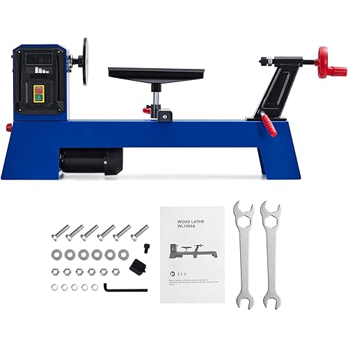 Compact 400W Benchtop Wood Lathe – 14"x20" Wood Turning Machine with 4 Adjustable Speeds (1040–2980 RPM), Includes Wrench & 2 Chisels, Ideal for DIY & Professional Woodworking – Blue