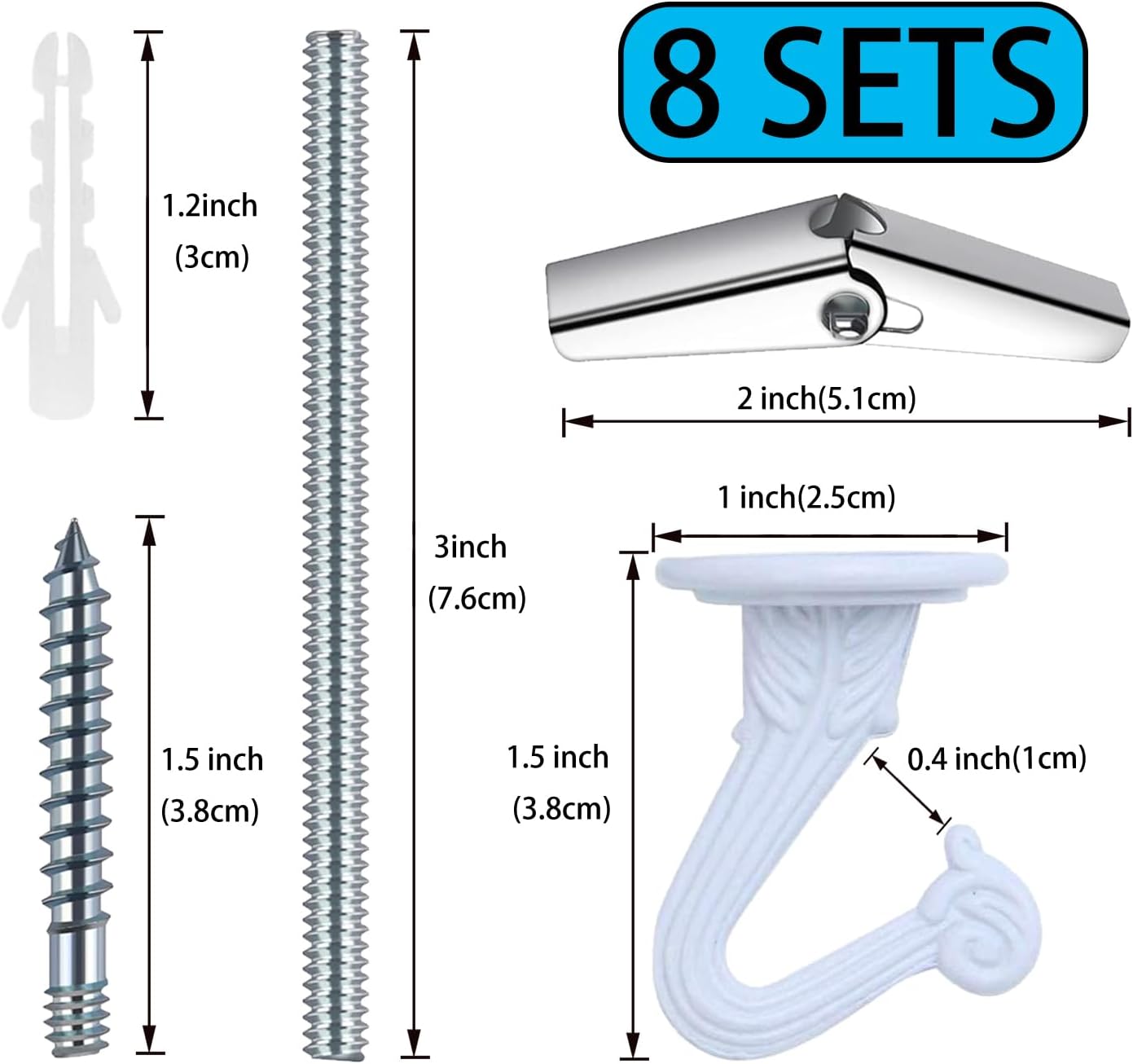 8 Sets Ceiling Hooks for Hanging Plants, Heavy Duty Small Metal Swag Hook with Toggle Bolt Hardware, Indoor Outdoor Wall Plant Hanger for Lights Décor (White)
