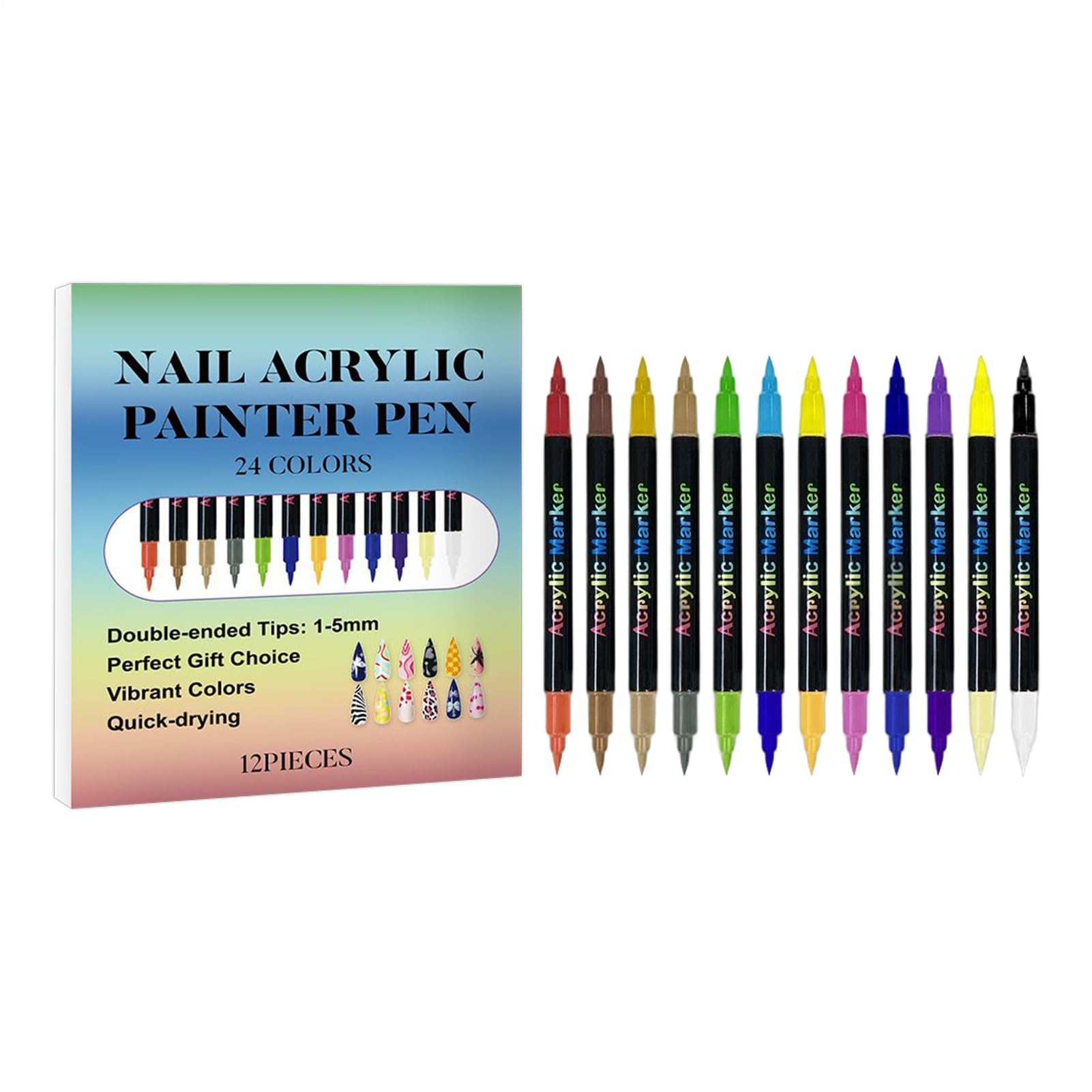 Muiltvoe Nail Markers, 12-Piece Waterproof Double-Tip Manicure Tools, Girls 12 Colors Nail Design Pens Set, for Drawing Painting Dotting Crafts Design Christmas Birthday