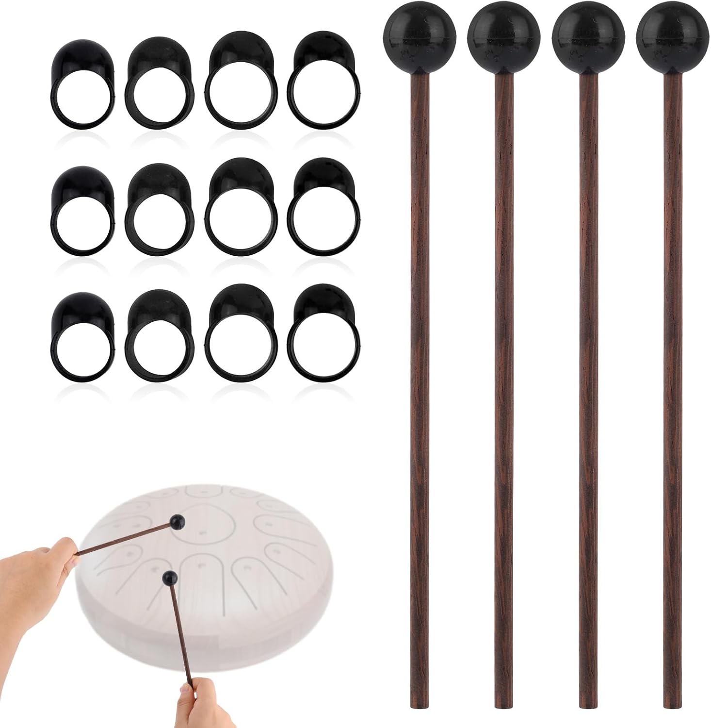 4pcs 17.5cm/6.9" Tongue Drum Mallets & 12pcs Finger Sleeves, Wooden Wood Handle Silicone Rubber Head Percussion Sticks for Glockenspiel/Woodblock/Bell/Chimes/Steel Tongue Drum Musical Instruments